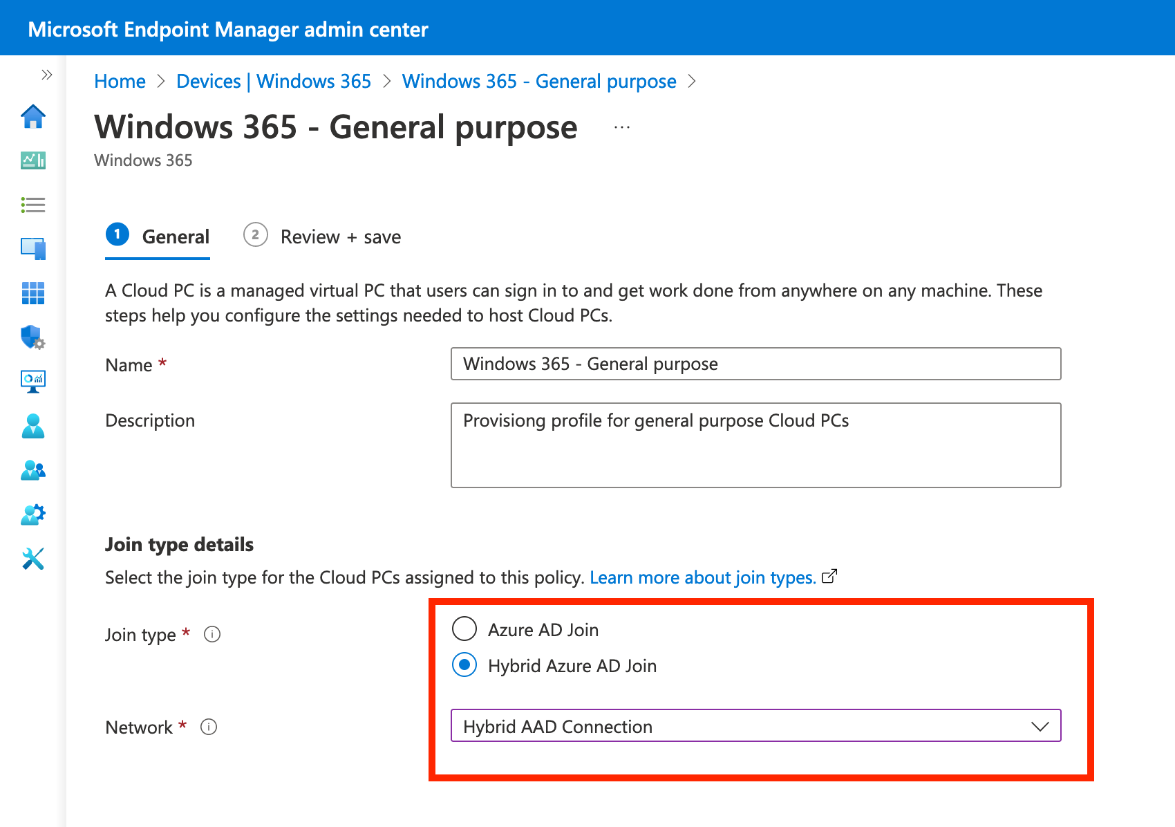 Select join type details during the configuration of a provisioning profile for Windows 365