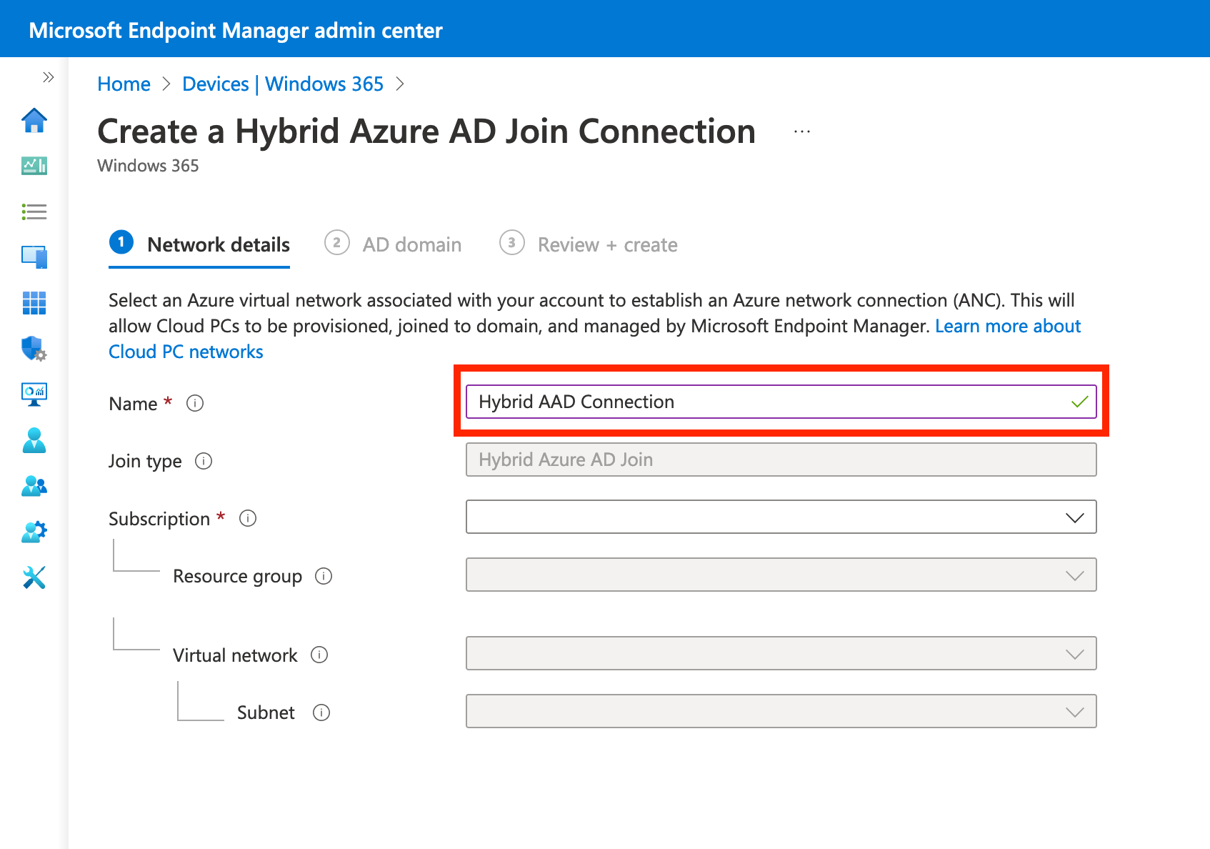 Use Hybrid Microsoft Entra join when creating a new Azure Network Connection in Microsoft Intune