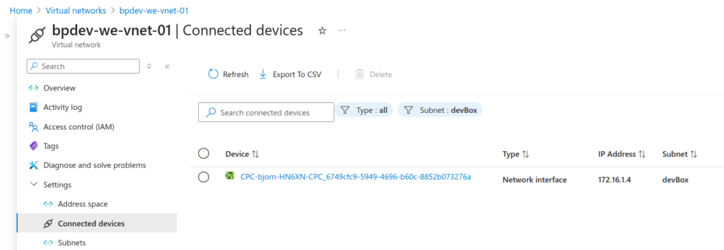 Example of a connected Dev Box instance in the virtual network on the Azure portal