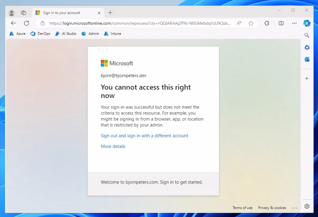 Access to a Microsoft 365 application blocked by Conditional Access inside a Dev Box.